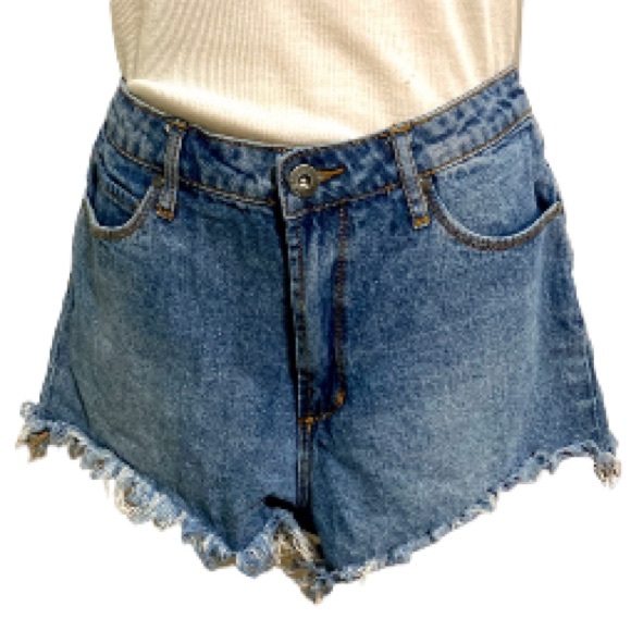 ARTICLES OF SOCIETY Frayed Raw Hem Distressed Blue Denim Shorty Shorts Size 27 - Picture 2 of 16